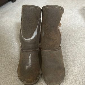 Brown bearpaw boots with knit back and buckles